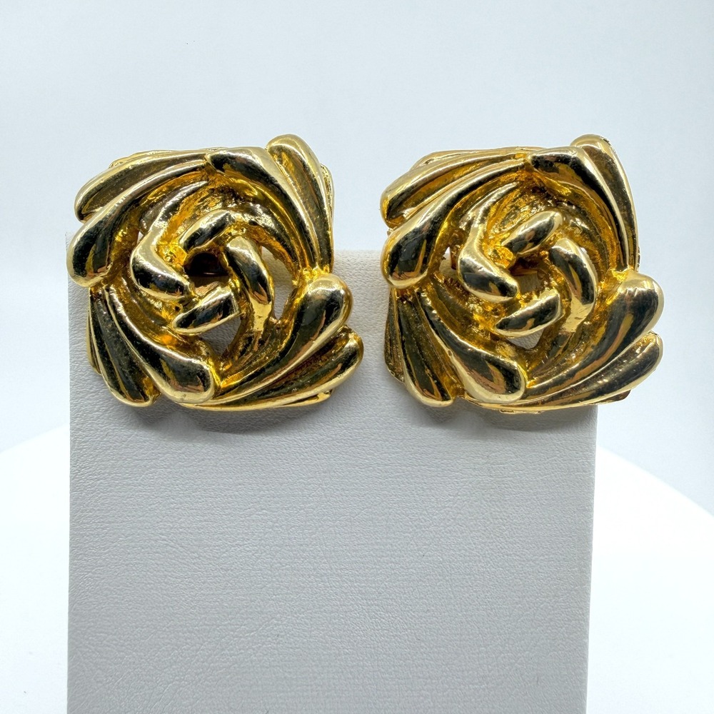 Vintage Gold Tone Sculptural Rose Clip On Earrings Floral Statement Jewelry